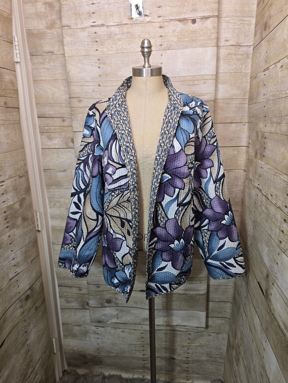 Alfred Dunner Blue and Purple Floral Open-Front Jacket